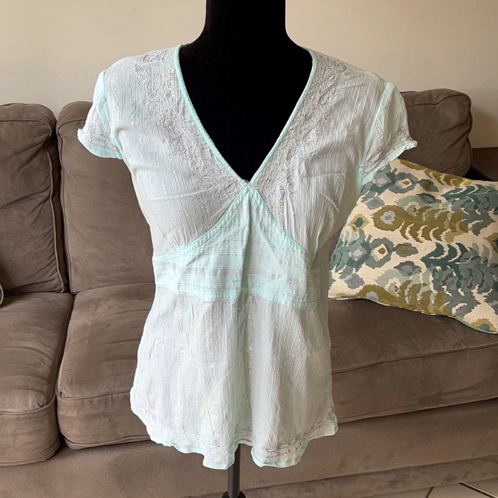 Light Teal Cotton V-neck Top Large Petite